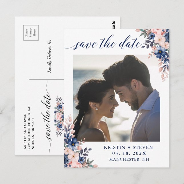 Chic Script Navy Peach Floral Photo Save the Date Postcard (Front/Back)