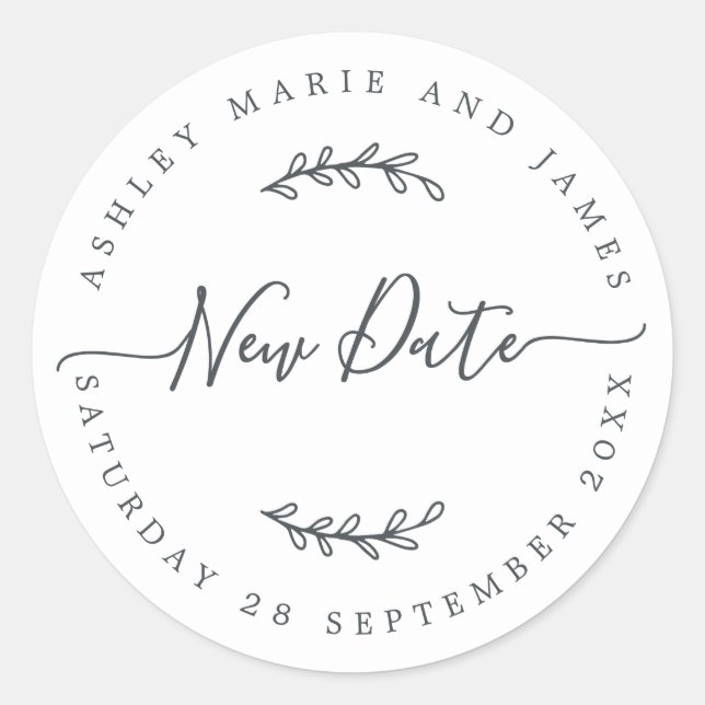 Chic Script New Date Postponed Wedding Label (Front)