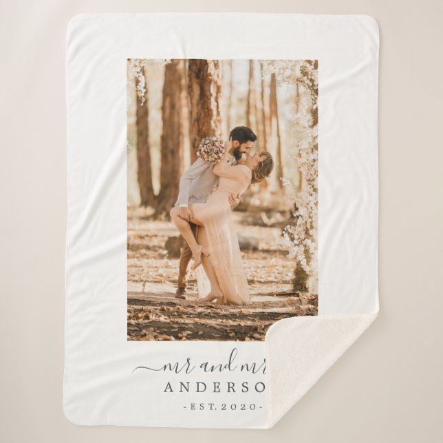 Chic Script Newlywed Mr Mrs Monogram Photo Sherpa Blanket (Front)