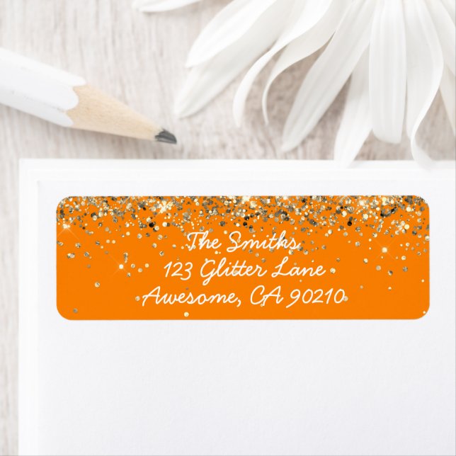 Chic Script Orange Glitter Wedding Return Address Label (Insitu)