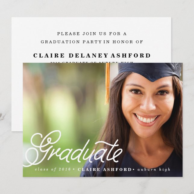 Chic Script Overlay Graduation Photo Invitation (Front/Back)