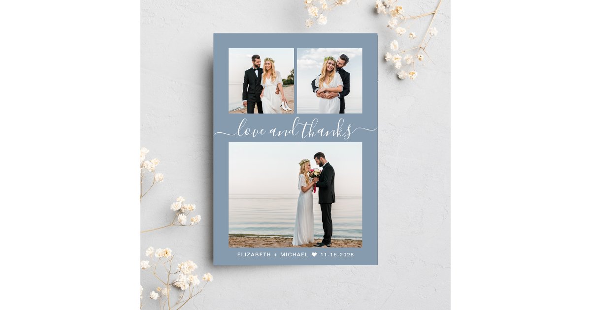 Chic Script Photo Collage Dusty Blue Wedding Thank You Card | Zazzle