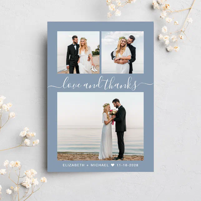 Chic Script Photo Collage Dusty Blue Wedding Thank You Card | Zazzle