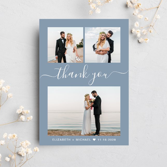 Chic Script Photo Collage Dusty Blue Wedding Thank You Card (Celebrate your love story with a thank you card showcasing your favorite wedding day photos)