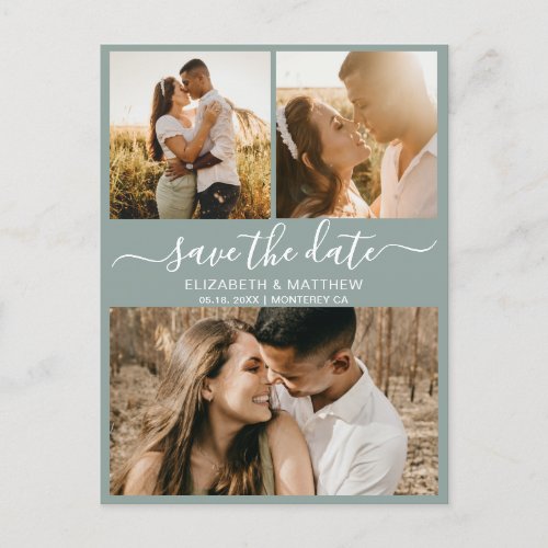 Chic Script Photo Collage Sage Green Save The Date Announcement Postcard