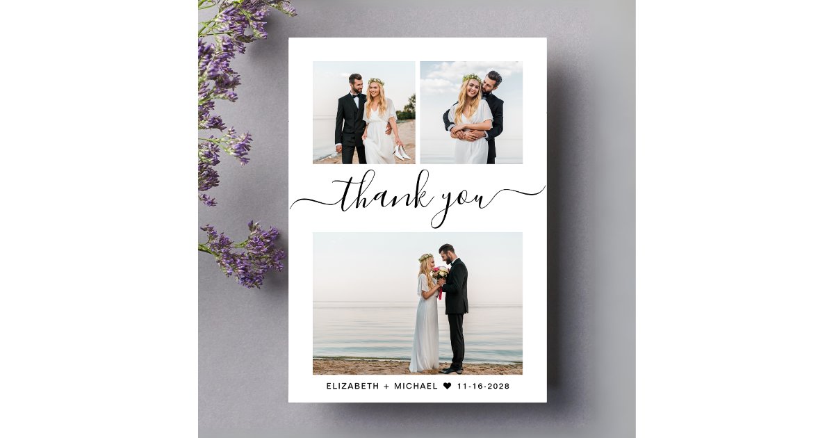 Chic Script Photo Collage Wedding Thank You Card | Zazzle