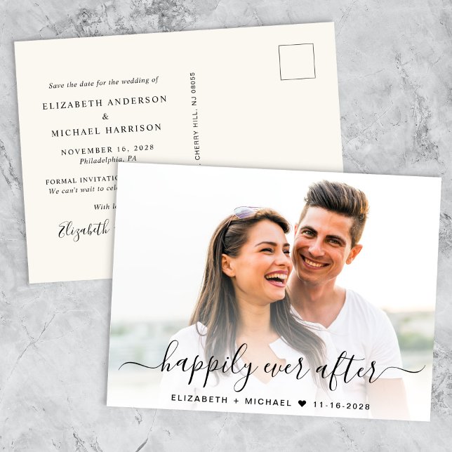 Chic Script Photo Cream Save The Date Announcement Postcard (A chic happily ever after photo save the date announcement)