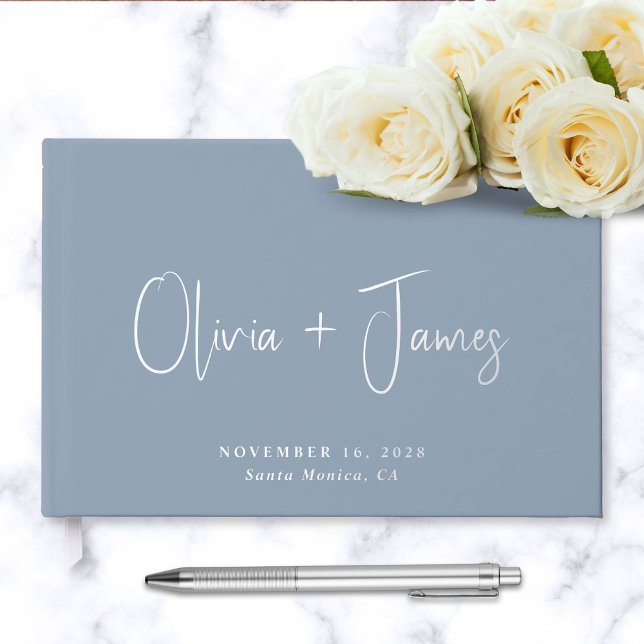 Chic Script Photo Dusty Blue Wedding Foil Guest Book (Creator Uploaded)