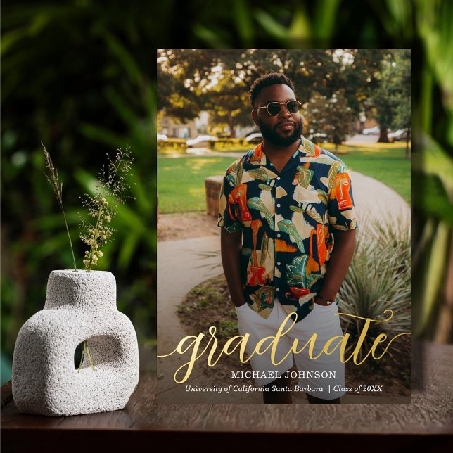 Chic Script Photo Graduation Gold Foil Invitation (Elegant script graduation REAL gold foil party invitations with your party details on the back)