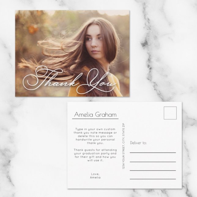 Chic Script Photo Graduation Thank You Postcard (Creator Uploaded)