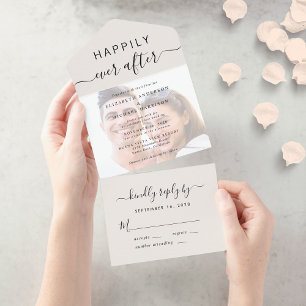 Chic Script Photo Overlay Cream Wedding All In One Invitation