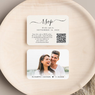 Chic Script Photo QR Code Cream Wedding RSVP Enclosure Card