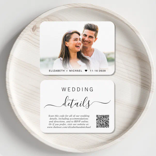 Chic Script Photo QR Code Wedding Details Enclosure Card | Zazzle