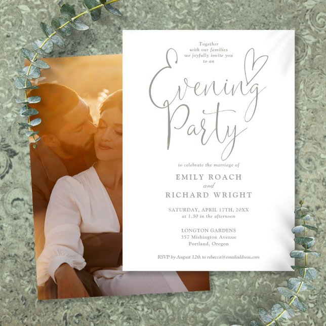 Chic Script Photo Sage Green Wedding Evening Party Invitation (Chic Script Photo Sage Green Wedding Evening Party Invitation)