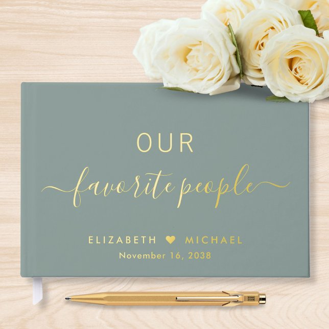Chic Script Photo Sage Green Wedding Foil Guest Book (Creator Uploaded)