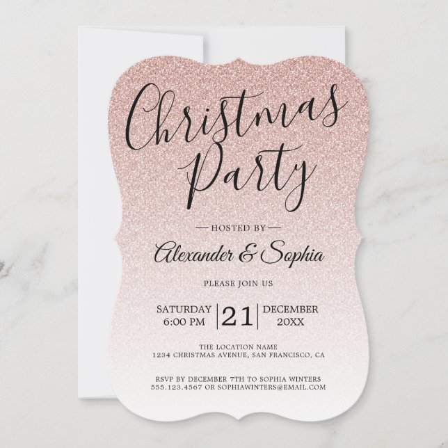 Chic Script Pink Glitter Ombre Christmas Party Inv Invitation (Front)