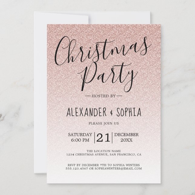 Chic Script Pink Glitter Ombre Christmas Party Invitation (Front)