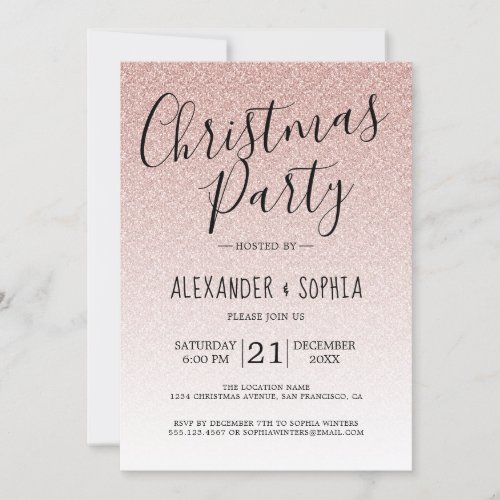 Chic Script Pink Glitter Ombre Christmas Party Invitation