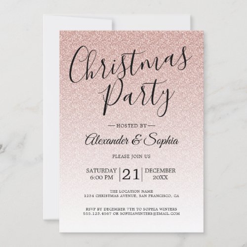 Chic Script Pink Glitter Ombre Christmas Party Invitation