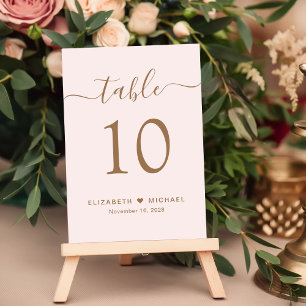 Chic Script Pink Gold Wedding Reception Table Number
