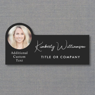 Chic Script Professional Black Photo Name Tag