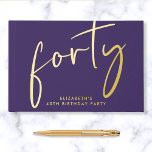 Chic Script Purple 40th Birthday Party Foil Guest Book<br><div class="desc">Chic purple guestbook for her 40th birthday party featuring real gold foil,  "forty" in a large stylish script and her name in simple lettering. Personalize the title on the spine and change the foil color to silver or rose gold if desired.</div>