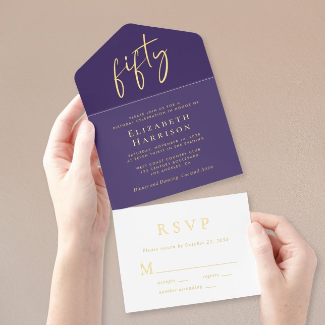 Chic Script Purple 50th Birthday Party All In One Invitation (Creator Uploaded)