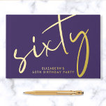 Chic Script Purple 60th Birthday Party Foil Guest Book<br><div class="desc">An chic purple guestbook for her 60th birthday party featuring genuine gold foil,  "sixty" in an elegant oversized script and her name in simple typography. Personalize the title on the spine and change the foil color to silver or rose gold if desired.</div>