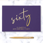 Chic Script Purple 60th Birthday Party Foil Guest Book<br><div class="desc">An elegant purple guestbook for her 60th birthday party featuring real gold foil,  "sixty" in a chic script and her name in modern lettering. Personalize the title on the spine and change the foil color to silver or rose gold if desired.</div>