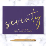Chic Script Purple 70th Birthday Party Foil Guest Book<br><div class="desc">Elegant purple guestbook for her 70th birthday party featuring genuine gold foil,  "seventy" in a chic script and her name in modern typography. Personalize the title on the spine and change the foil color to silver or rose gold if desired.</div>
