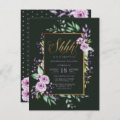 Chic Script Purple Floral Surprise Birthday Party Invitation Postcard (Front/Back)