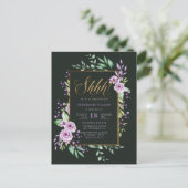 Chic Script Purple Floral Surprise Birthday Party Invitation Postcard (Standing Front)