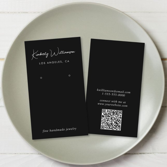 Chic Script QR Code Black Earring Display Card (Empower your name in our signature script as your logo and brand identity)