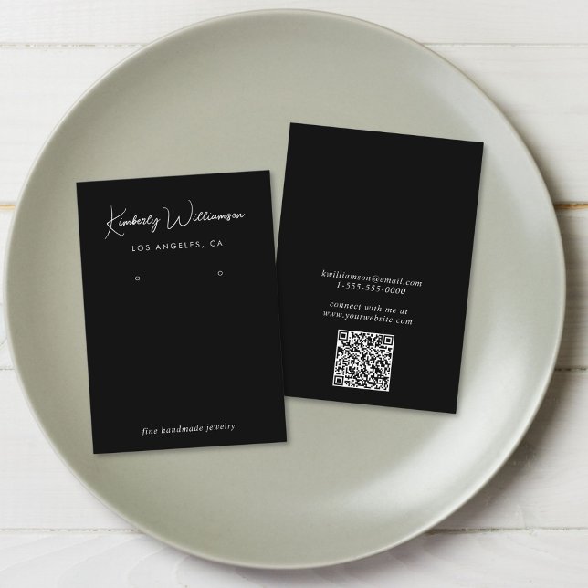 Chic Script QR Code Earring Black Display Card (Empower your name in our signature script as your logo and brand identity)