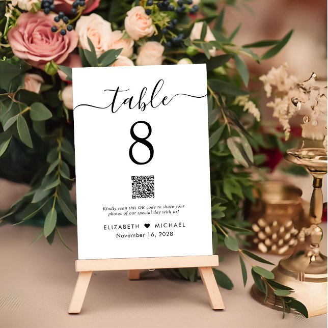 Chic Script QR Code Wedding Reception Table Number (Creator Uploaded)