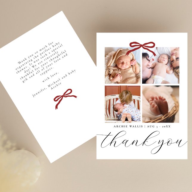 Chic Script Red Ribbon 4 Photo Baby Shower Thank You Card (Creator Uploaded)