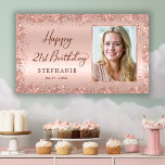 Chic Script Rose Gold Glitter Photo 21st Birthday  Banner<br><div class="desc">Elegant Modern Sparkle rose gold glitter metal Personalized Photo Happy 21st Birthday Party Banner. This Girly Adult feminine Birhday party decor featuring "Happy 21st Birthday" text in a stylish handwritten calligraphy script and custom name and your photo, date on blush pink or rose gold faux brushed metallic foil background with...</div>