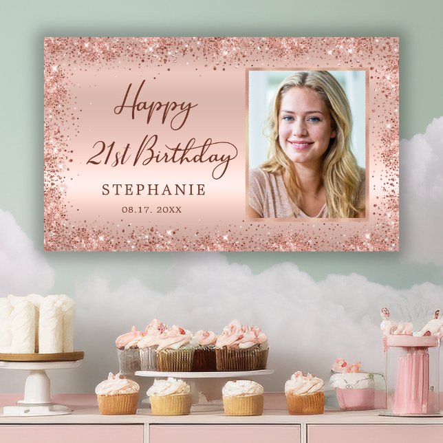 Chic Script Rose Gold Glitter Photo 21st Birthday  Banner (Creator Uploaded)