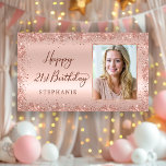 Chic Script Rose Gold Glitter Photo 21st Birthday  Banner<br><div class="desc">Elegant Modern Sparkle rose gold glitter metal Personalized Photo Happy 21st Birthday Party Banner. This Girly Adult feminine Birhday party decor featuring "Happy 21st Birthday" (OR ANY AGE) text in a stylish handwritten calligraphy script and custom name on blush pink or rose gold faux brushed metallic foil background with loose...</div>