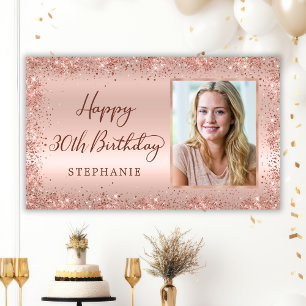 Chic Script Rose Gold Glitter Photo 30th Birthday  Banner