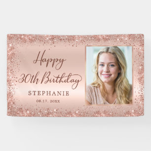 Chic Script Rose Gold Glitter Photo 30th Birthday  Banner