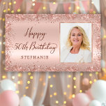 Chic Script Rose Gold Glitter Photo 50th Birthday  Banner<br><div class="desc">Elegant Modern Sparkle rose gold glitter metal Personalized Photo Happy 50th Birthday Party Banner. This Girly Adult feminine FIFTY (FIFTIETH) Birhday party decor featuring "Happy 50th Birthday" (OR ANY AGE) text in a stylish handwritten calligraphy script and custom name on blush pink or rose gold faux brushed metallic foil background...</div>