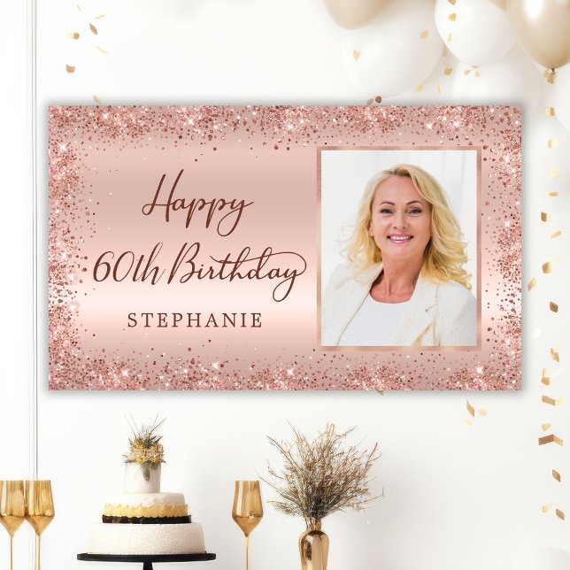 Chic Script Rose Gold Glitter Photo 60th Birthday  Banner (Creator Uploaded)