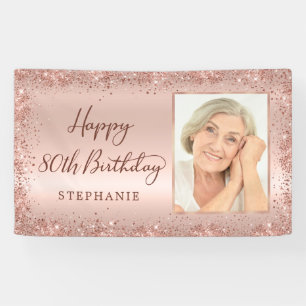 Chic Script Rose Gold Glitter Photo 80th Birthday Banner