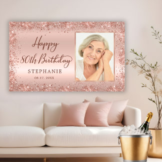 Chic Script Rose Gold Glitter Photo 80th Birthday Banner