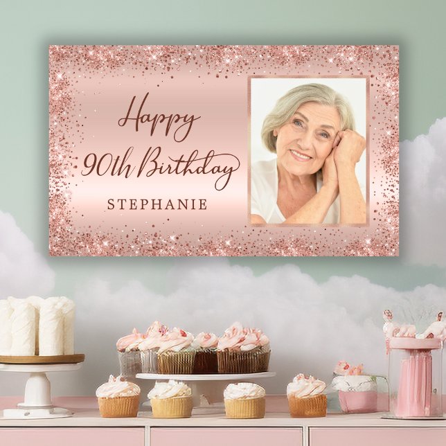 Chic Script Rose Gold Glitter Photo 90th Birthday  Banner (Creator Uploaded)