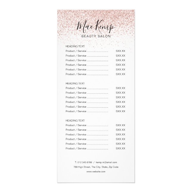 Chic Script Rose Gold Glitter Salon Service Menu (Front)