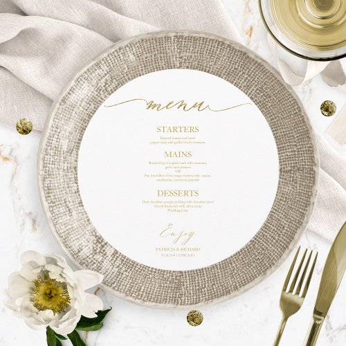 Chic Script Round Wedding Menu Card For Plate