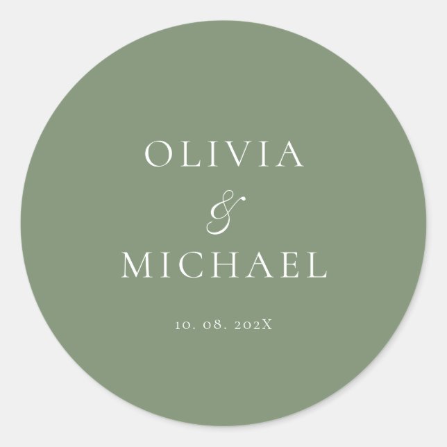 Chic Script Sage Green Minimalist Wedding Classic Round Sticker (Front)