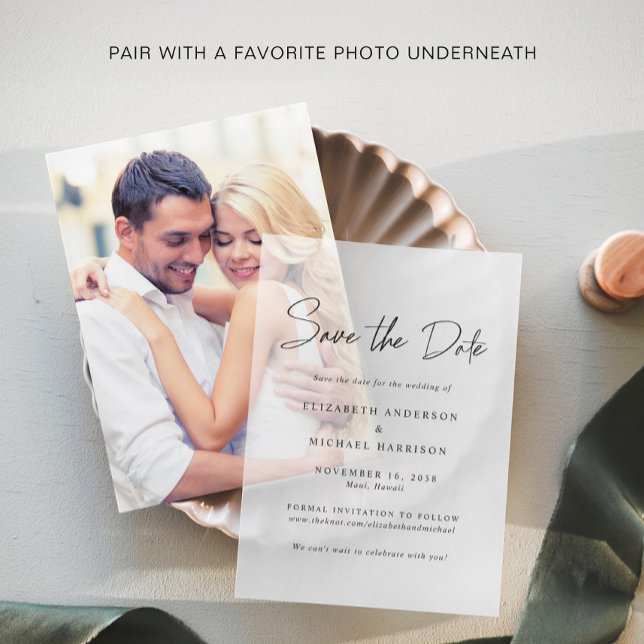 Chic Script Save the Date Vellum Overlay Invitations (Elevate your wedding save the date announcements with the timeless beauty of vellum overlays)